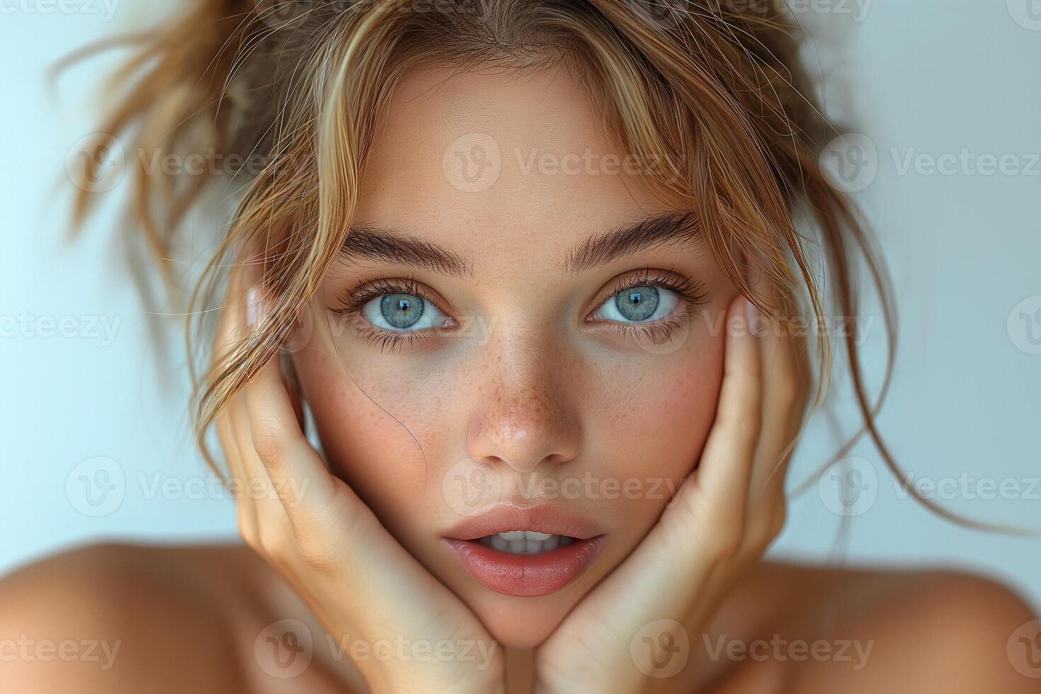 Close-up of a young woman with striking blue eyes and natural freckles, conveying emotion and beauty. photo