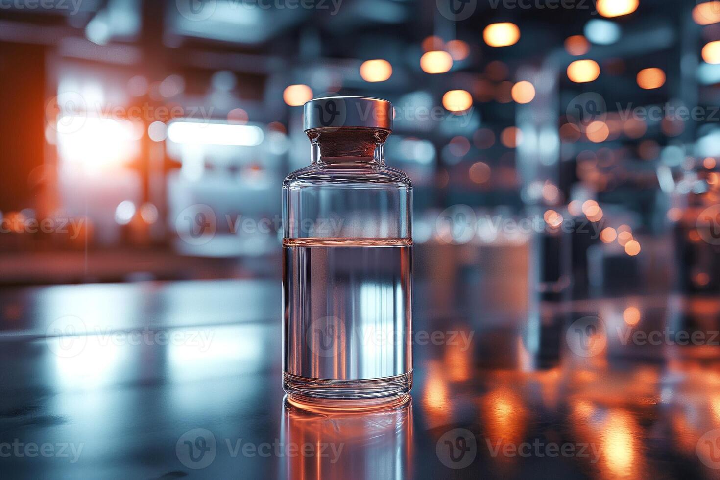 A clear glass vial filled with liquid stands prominently on a reflective surface, illuminated by warm ambient lighting. photo