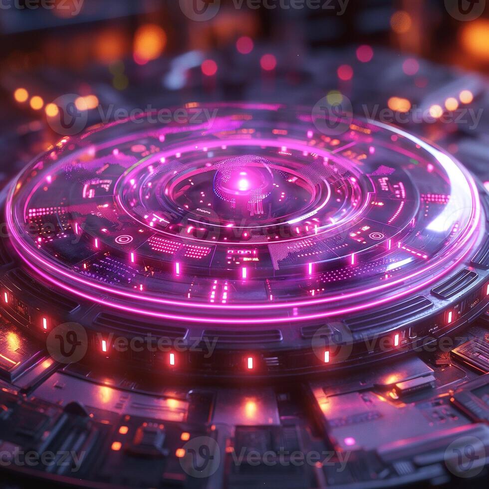 A futuristic technology interface with glowing pink lights, featuring intricate circuits and a central orb creating a vibrant atmosphere. photo