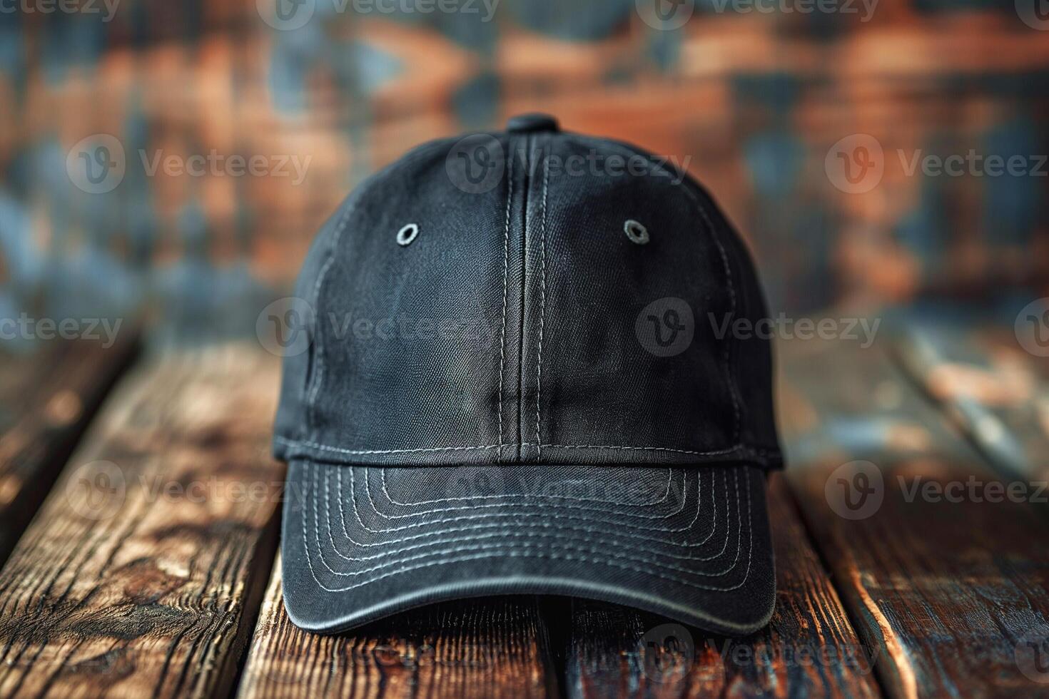 A black baseball cap displayed on a rustic wooden surface, featuring subtle wear and a classic design. photo
