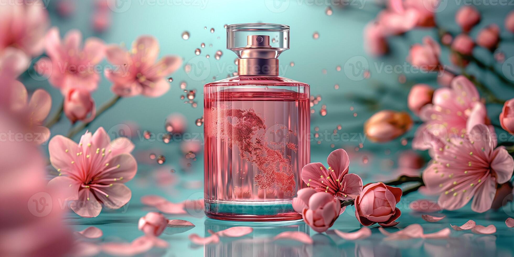 Elegant pink perfume bottle surrounded by cherry blossoms, exuding a fresh and floral ambiance. photo