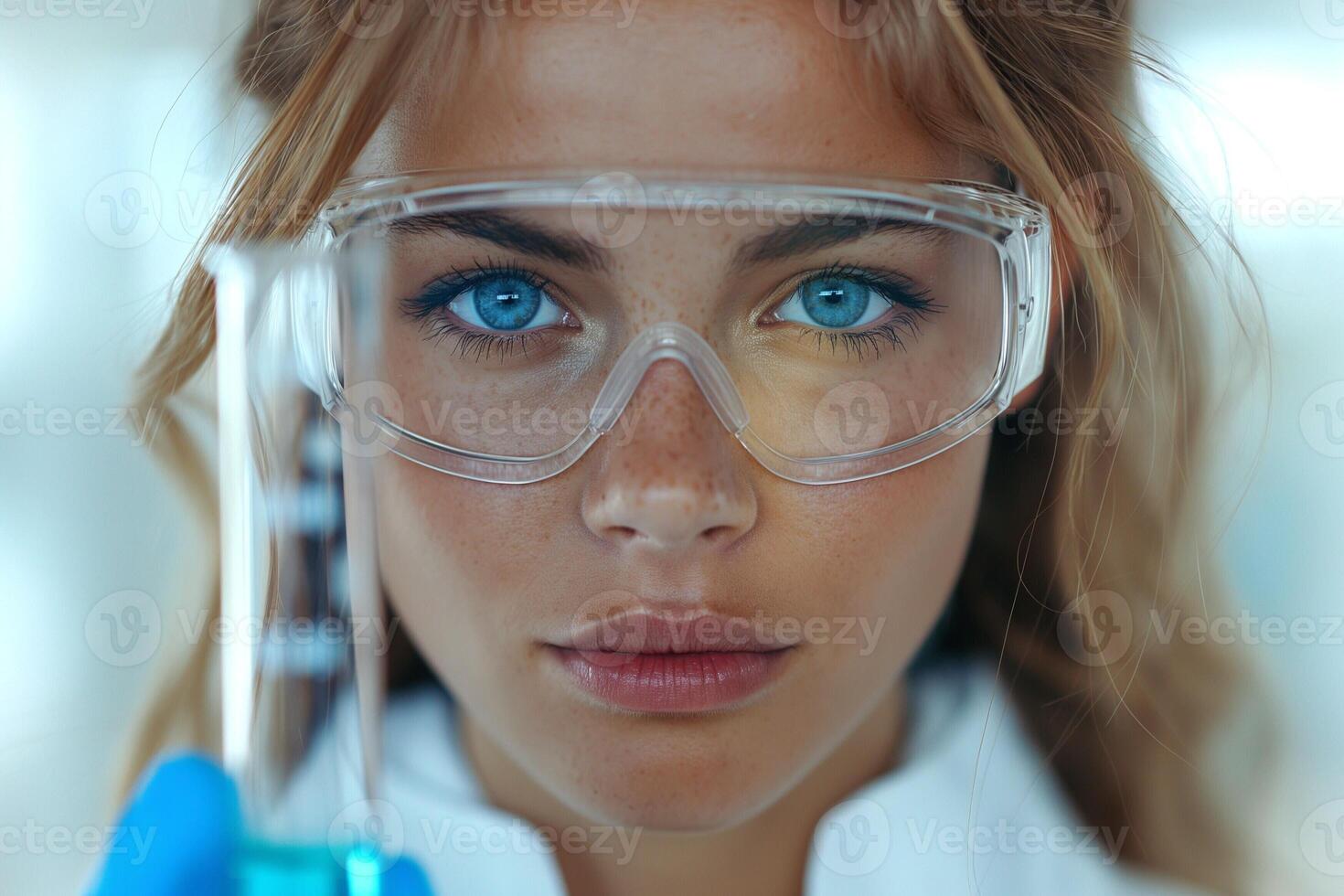 A focused young Caucasian female scientist wearing protective goggles, holding a test tube, ready for experimentation. photo