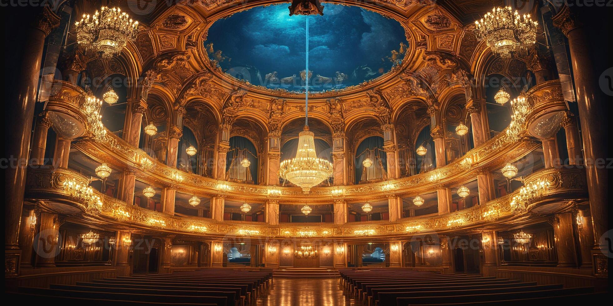A stunning view of an opulent theater interior with golden accents and a dramatic ceiling. photo