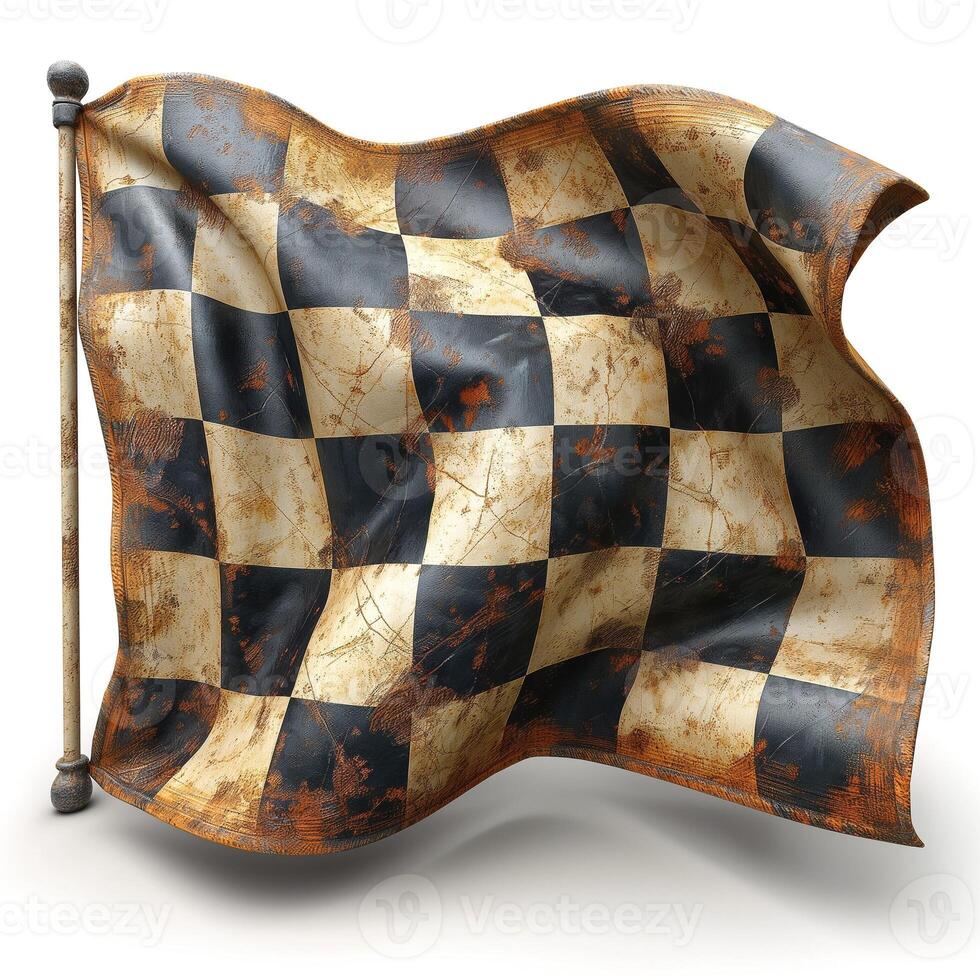 A weathered racing flag with a classic checkered pattern, featuring rust and texture, symbolizing motorsport excitement. photo