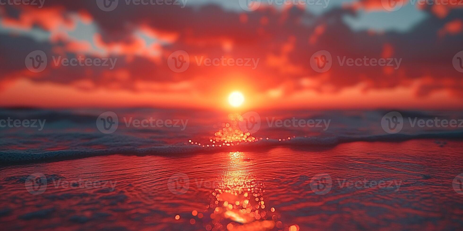 A stunning sunset over the ocean, with vibrant red and orange hues reflecting on the water's surface. photo