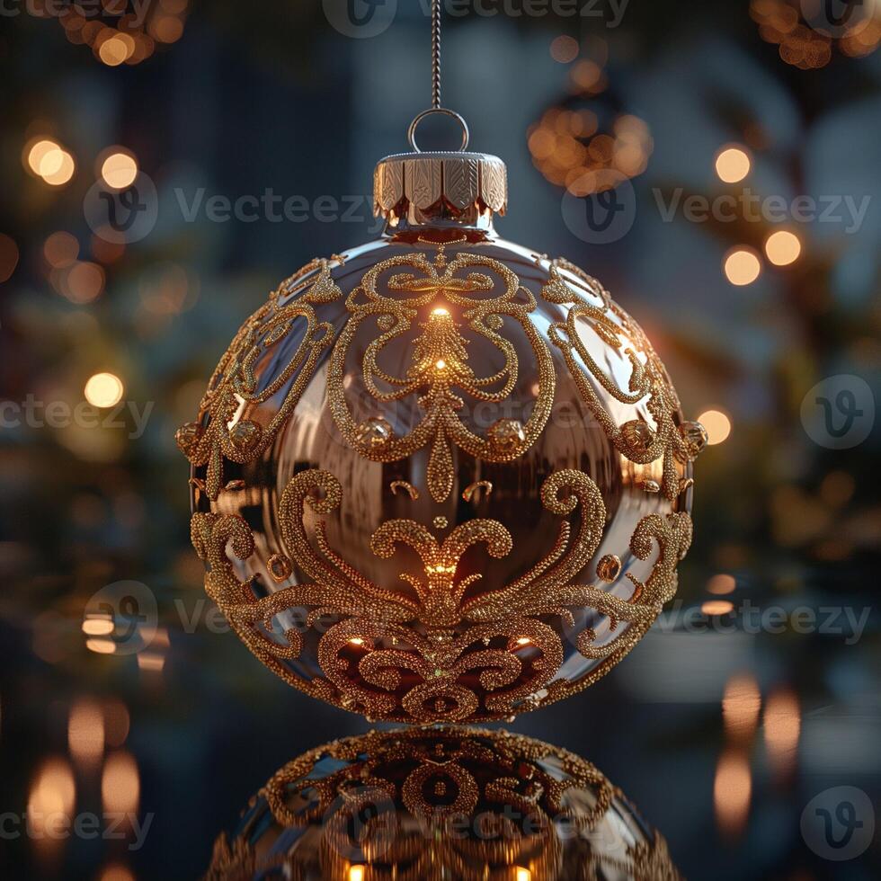 A stunning golden ornament hanging delicately, reflecting warm holiday lights and intricate patterns, creating a festive atmosphere. photo