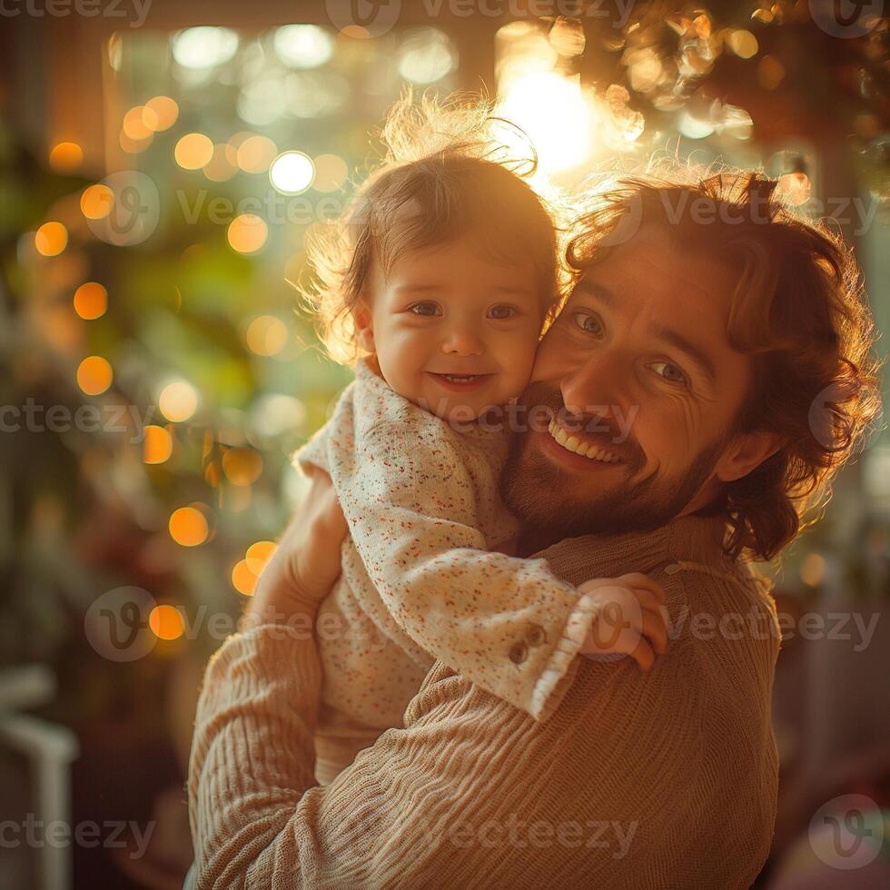 A joyful father embraces his smiling daughter in the warm glow of sunset, creating a heartwarming moment filled with love. photo