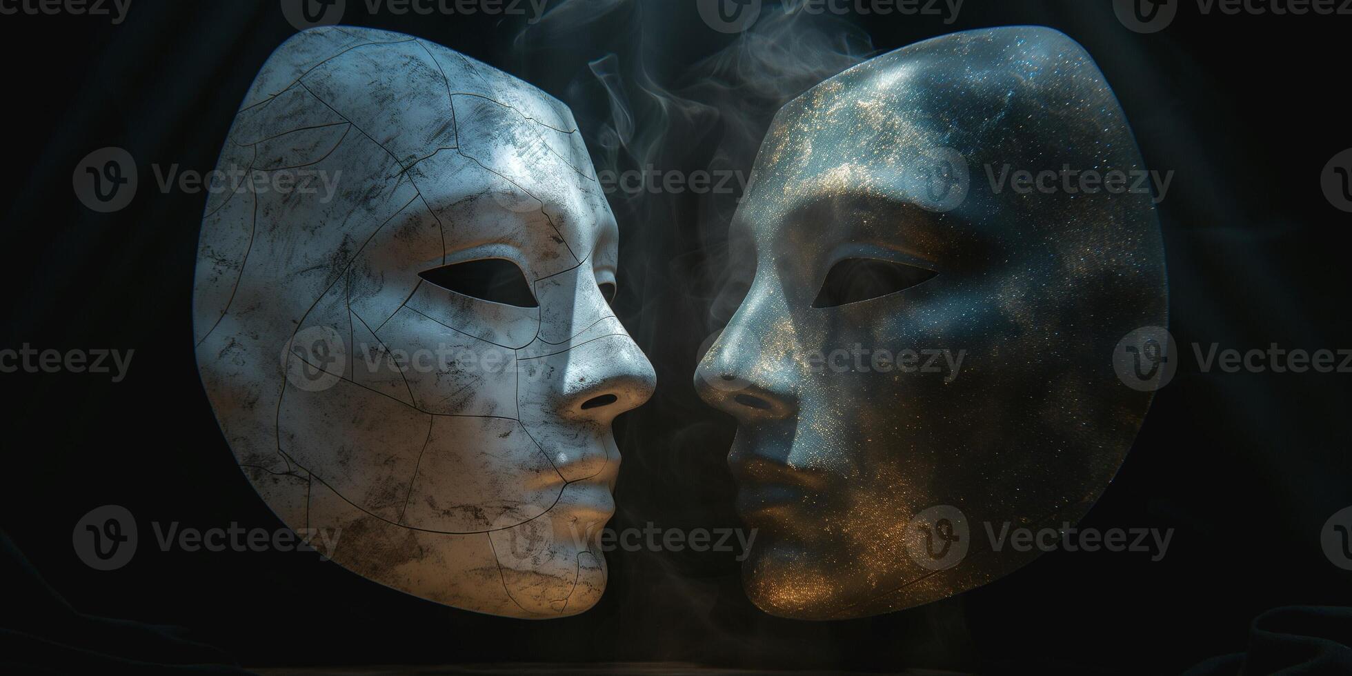 Conceptual image of two artistic masks facing each other, representing duality and contrast, surrounded by ethereal smoke. photo