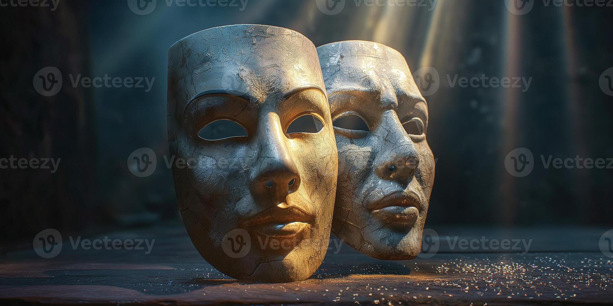 Two artistic masks in a dimly lit setting, showcasing intricate textures and metallic finishes. photo