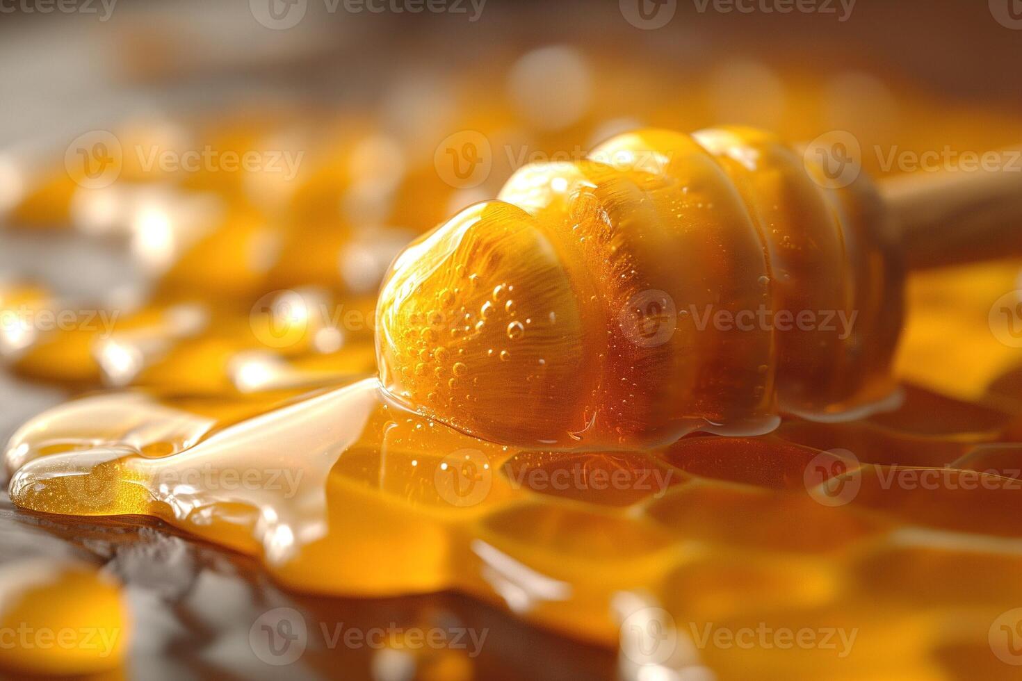 A close-up of dripping honey in a golden hue, showcasing its smooth texture and vibrant color. photo