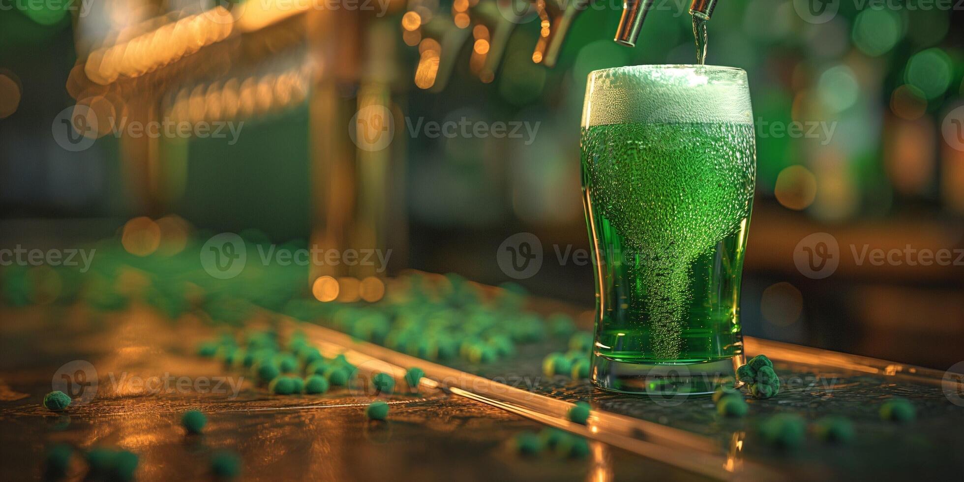 A close-up of a tall glass of vibrant green beer being poured from a stylish tap, surrounded by scattered green decorations. photo