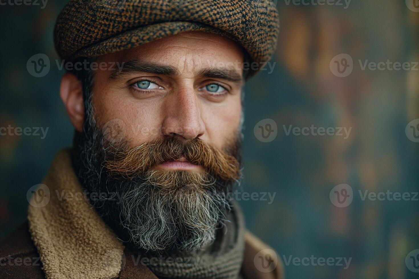 Close-up of a handsome Caucasian man with a full beard and striking blue eyes, wearing a vintage cap and warm outerwear. photo