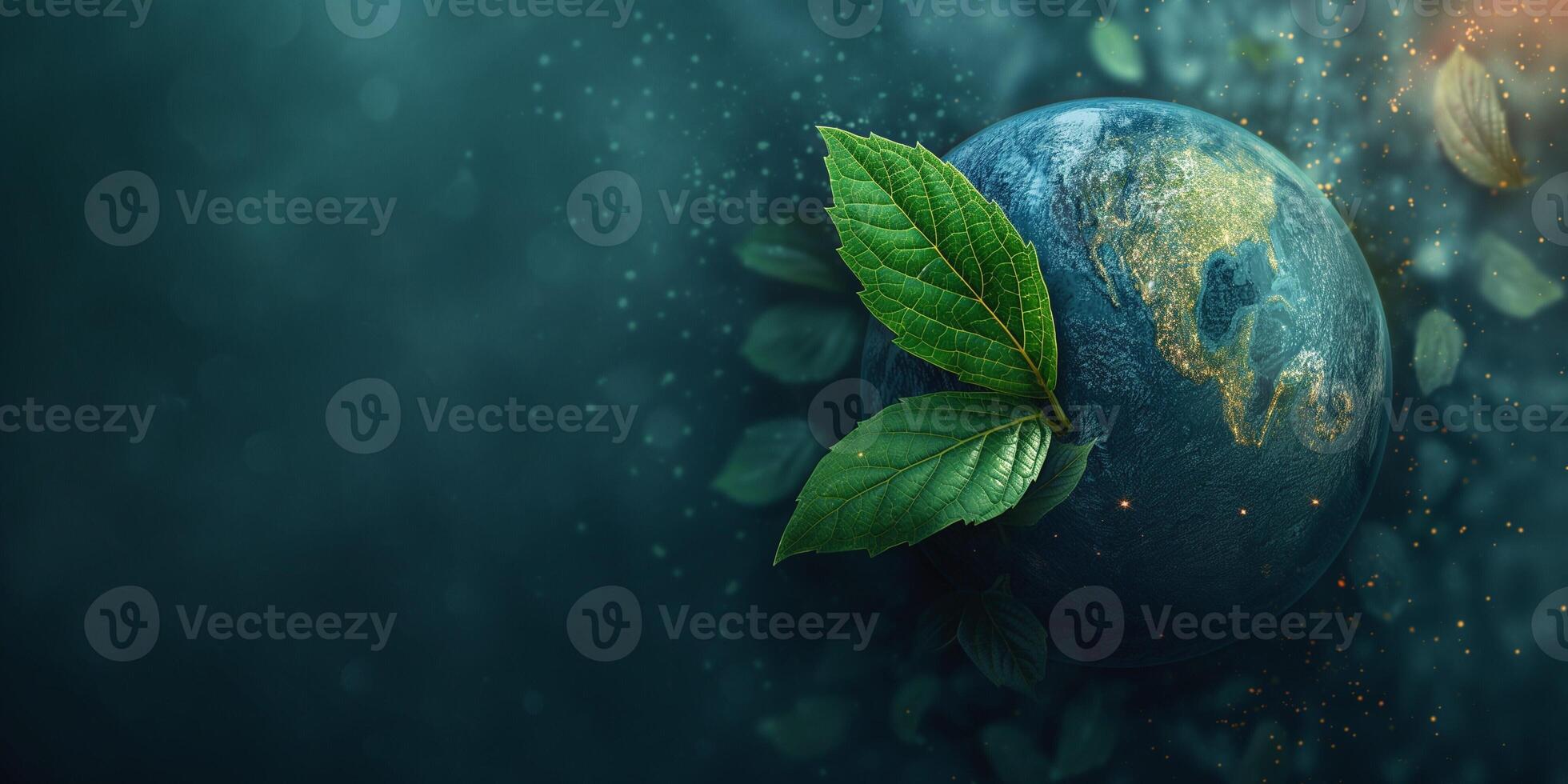 A vibrant depiction of Earth surrounded by lush green leaves, symbolizing nature and environmental harmony. photo