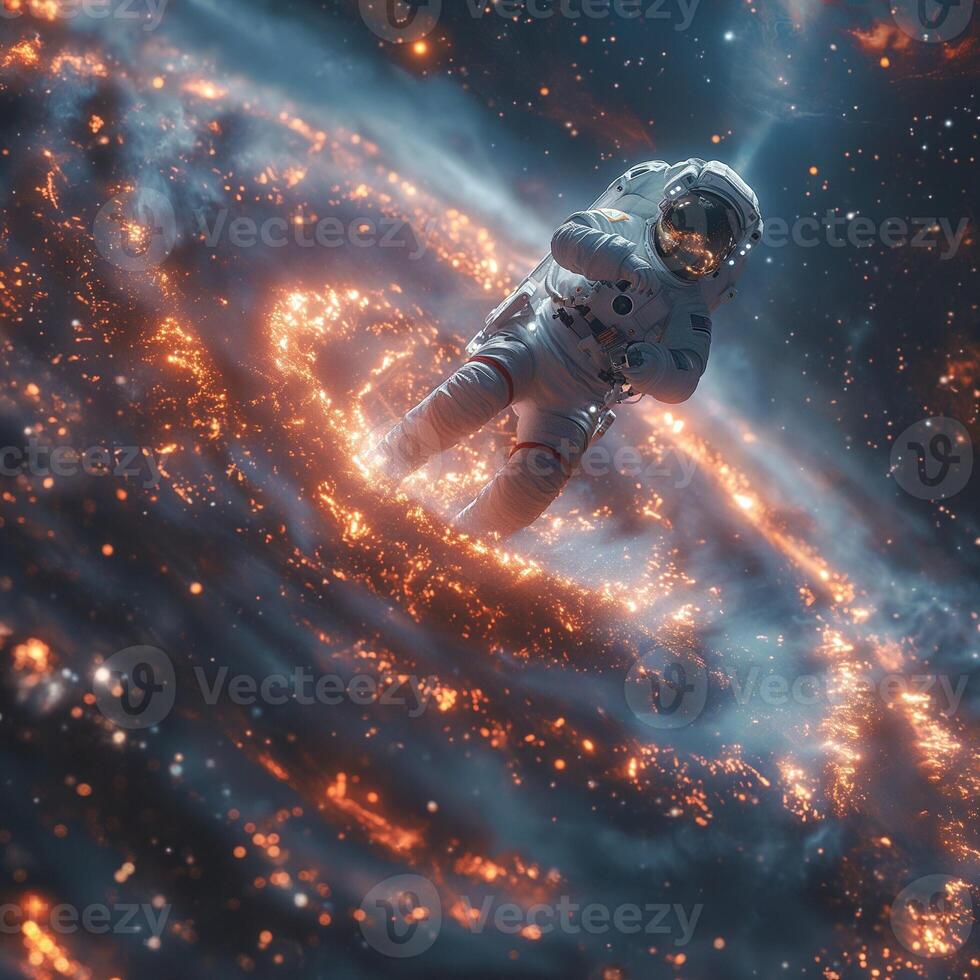 A lone astronaut navigating through a cosmic whirlpool of vibrant orange and blue hues in the depths of space. photo