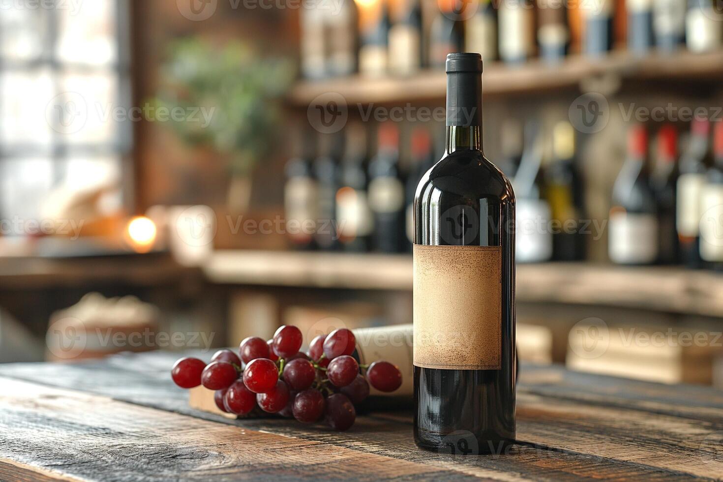 A dark red wine bottle with a blank label, surrounded by fresh grapes on a rustic wooden table. photo