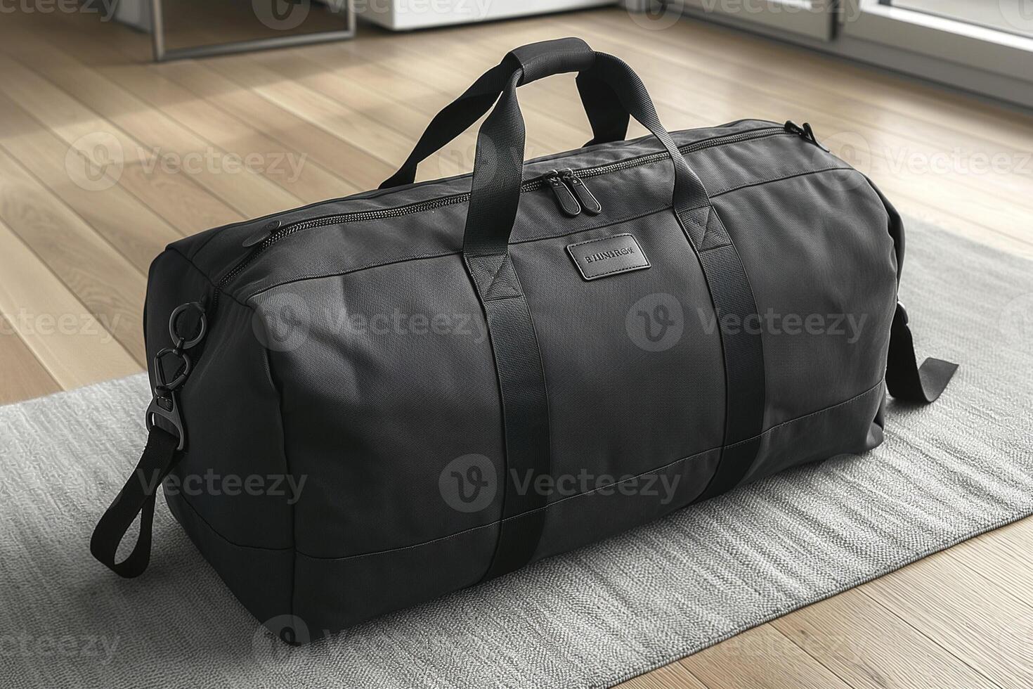 Stylish black duffle bag on a wooden floor, perfect for travel or gym use, featuring sleek design and durable material. photo