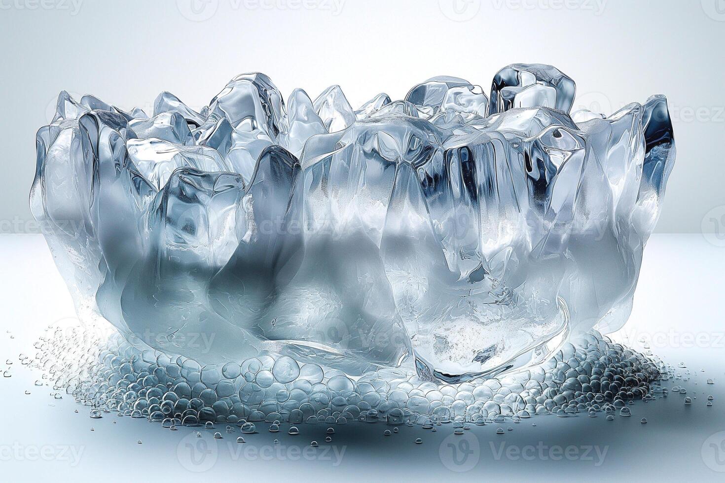 A stunning glass-like ice sculpture with jagged edges and bubbles at the base, showcasing intricate details and a cool aesthetic. photo