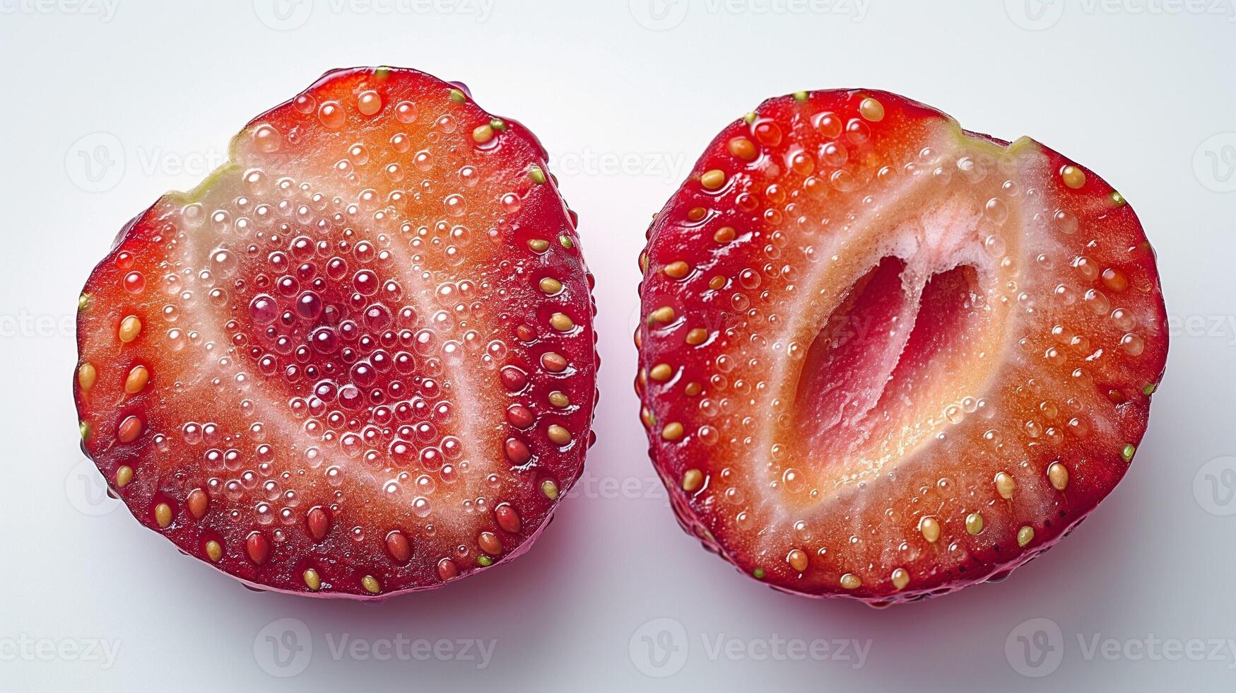 Close-up of a freshly sliced strawberry with droplets, showcasing its vibrant red color and juicy texture. photo
