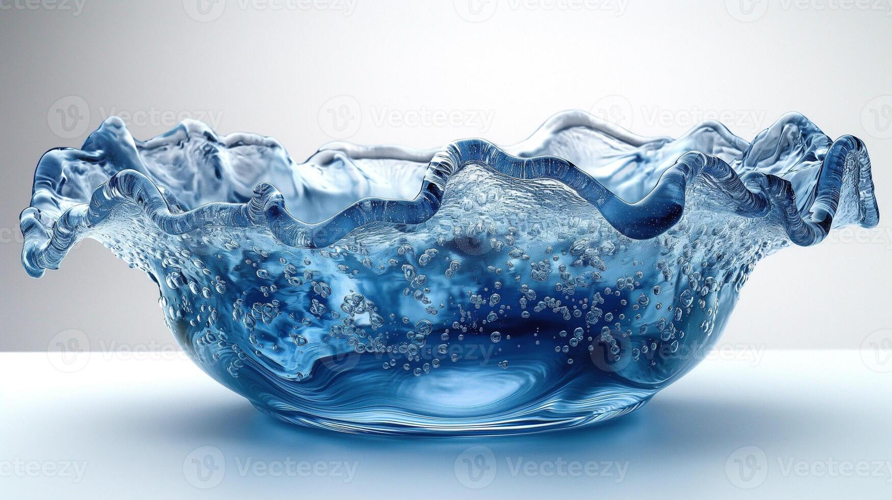 A stunning blue glass bowl with a wavy edge, adorned with bubbles, depicting elegance and craftsmanship. photo