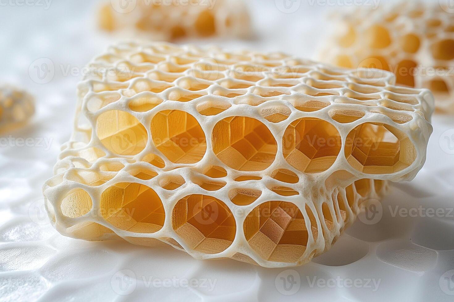 Close-up of intricately structured honeycomb, showcasing its hexagonal patterns and natural hues. photo