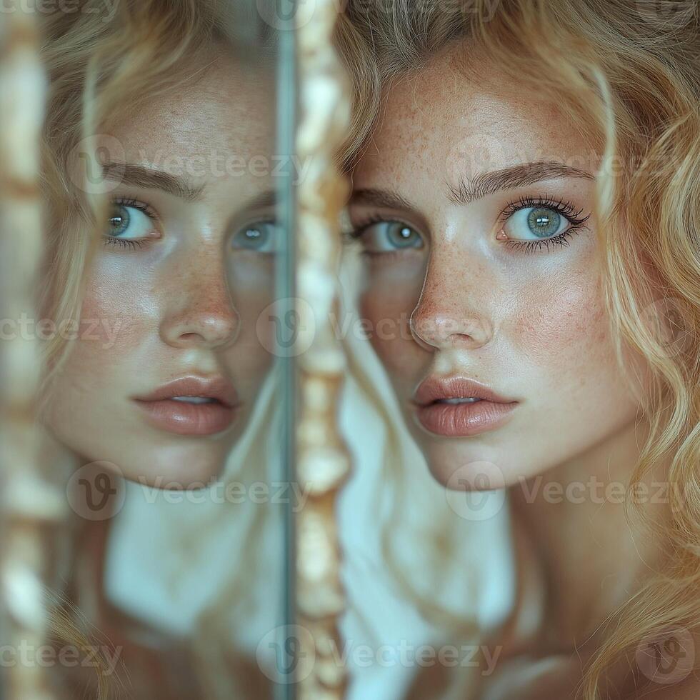 A close-up of a young Caucasian woman with striking green eyes and freckles, reflecting in a mirror with soft lighting. photo