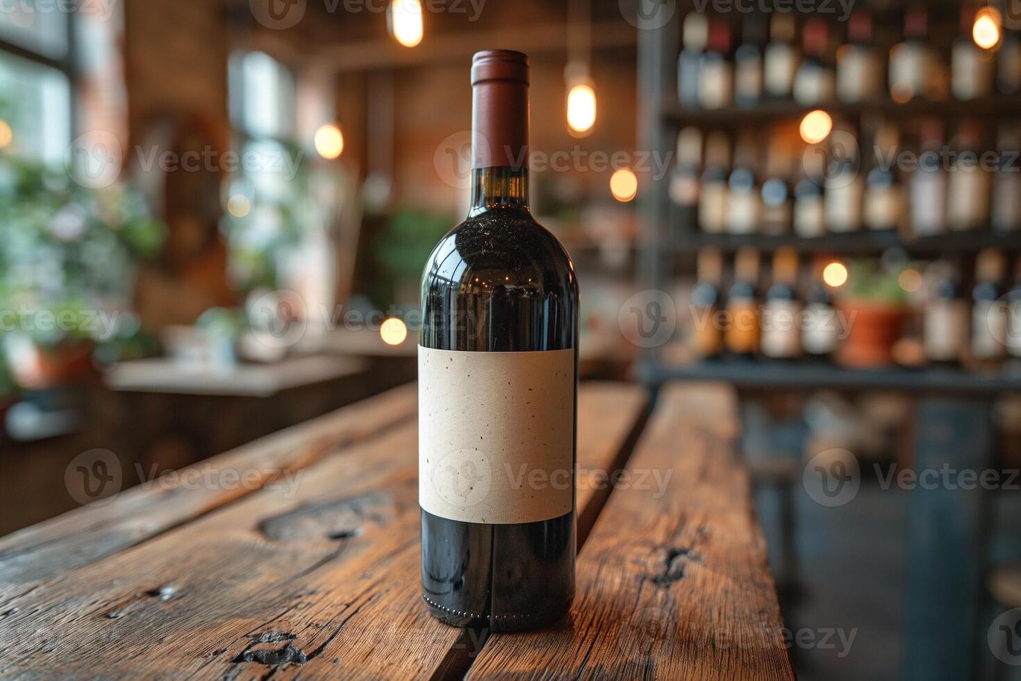 A sleek red wine bottle with a blank label, elegantly displayed on a rustic wooden table in a warm, inviting setting. photo