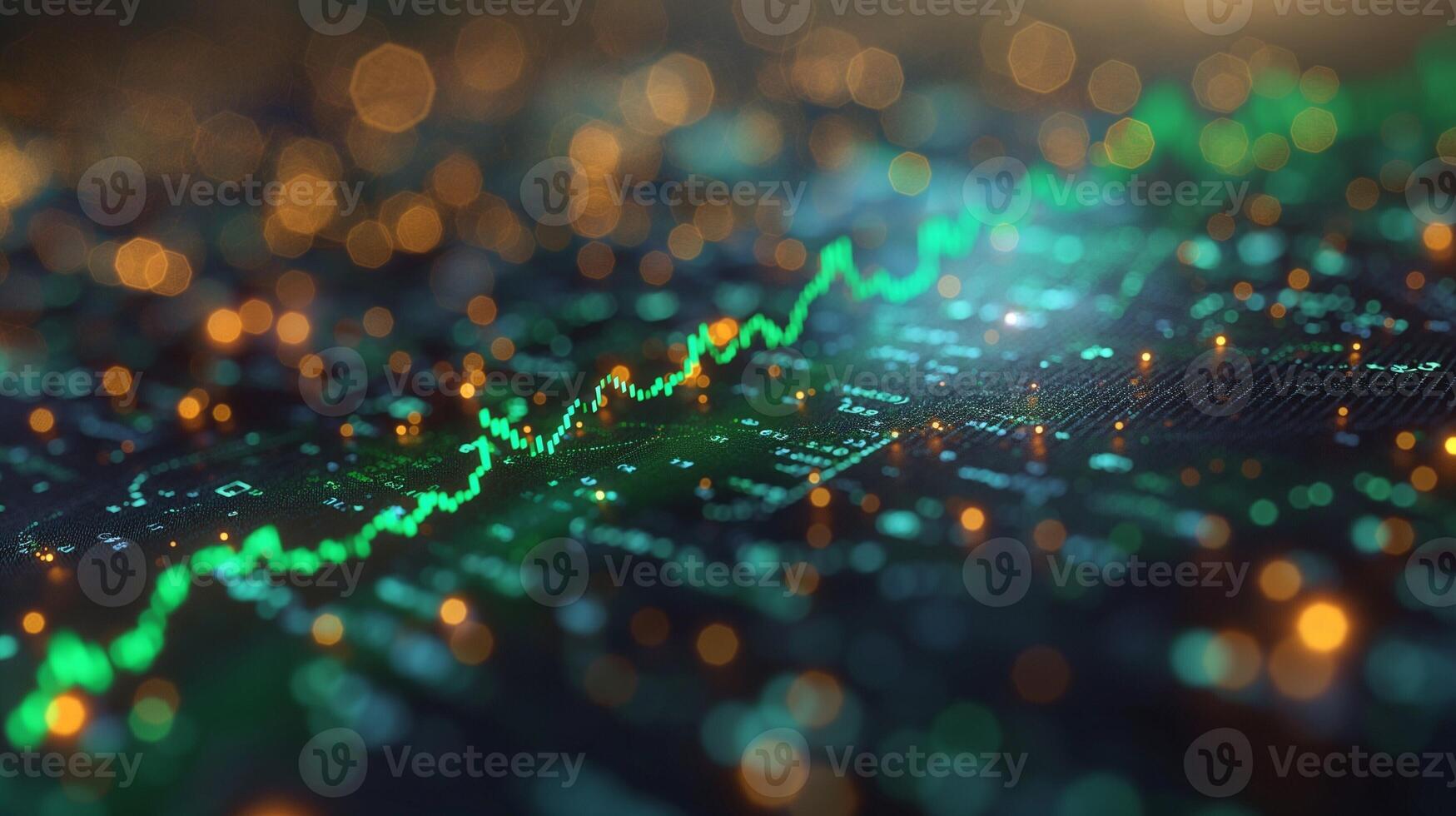 A close-up view of a digital stock market graph with green indicators against a blurred background of glowing lights. photo