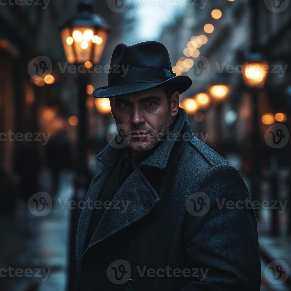 A serious Caucasian man in a stylish hat and coat stands in a dimly lit city street, exuding a mysterious aura. photo