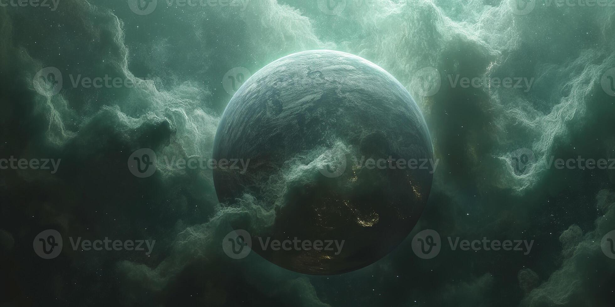 A stunning celestial view of a planet surrounded by ethereal green clouds, evoking a sense of mystery and wonder. photo