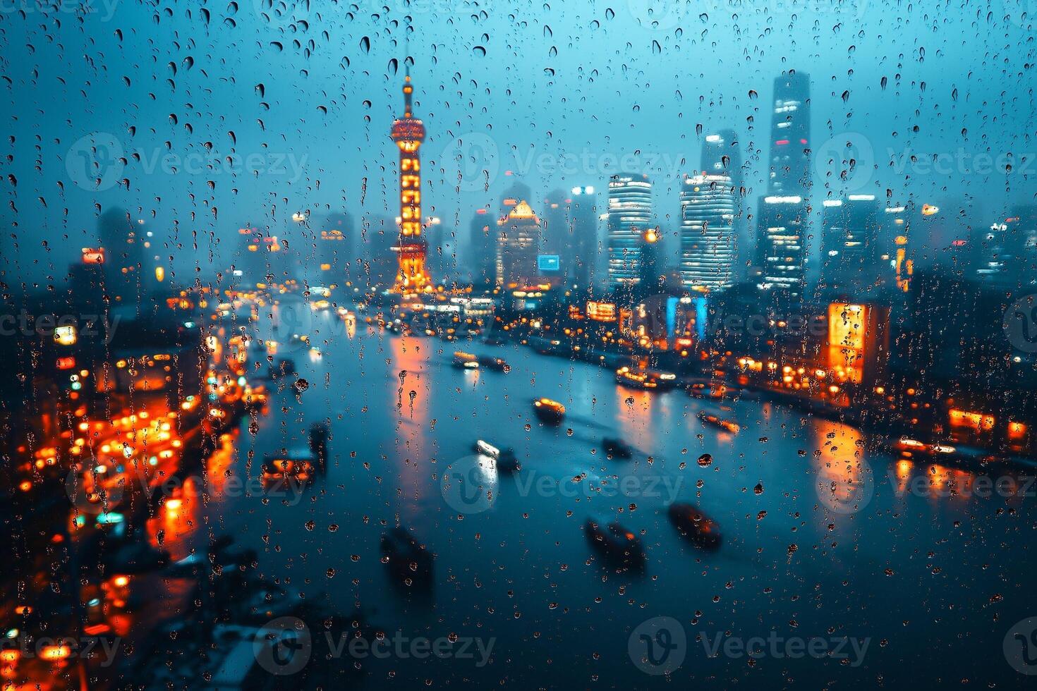 A vibrant view of a city skyline through rain-soaked glass at night, capturing the mood and lights of a bustling metropolis. photo