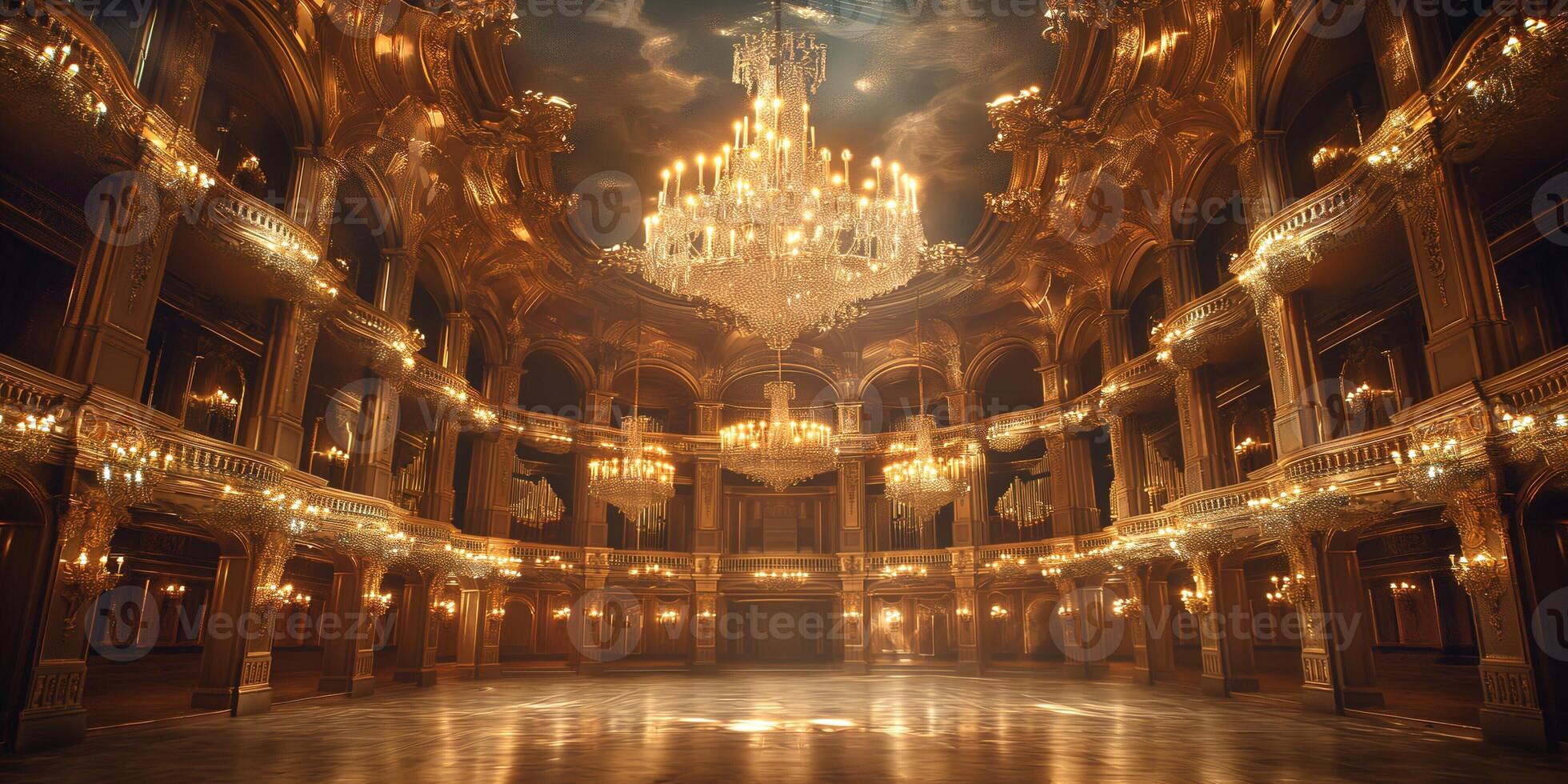 A grand, opulent theatre interior with magnificent chandeliers and intricate golden architecture, evoking a sense of elegance and history. photo