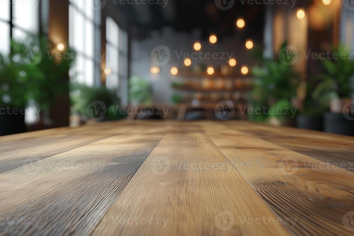 Close-up of a rustic wooden table with blurred interior setting, evoking a warm and inviting atmosphere. photo