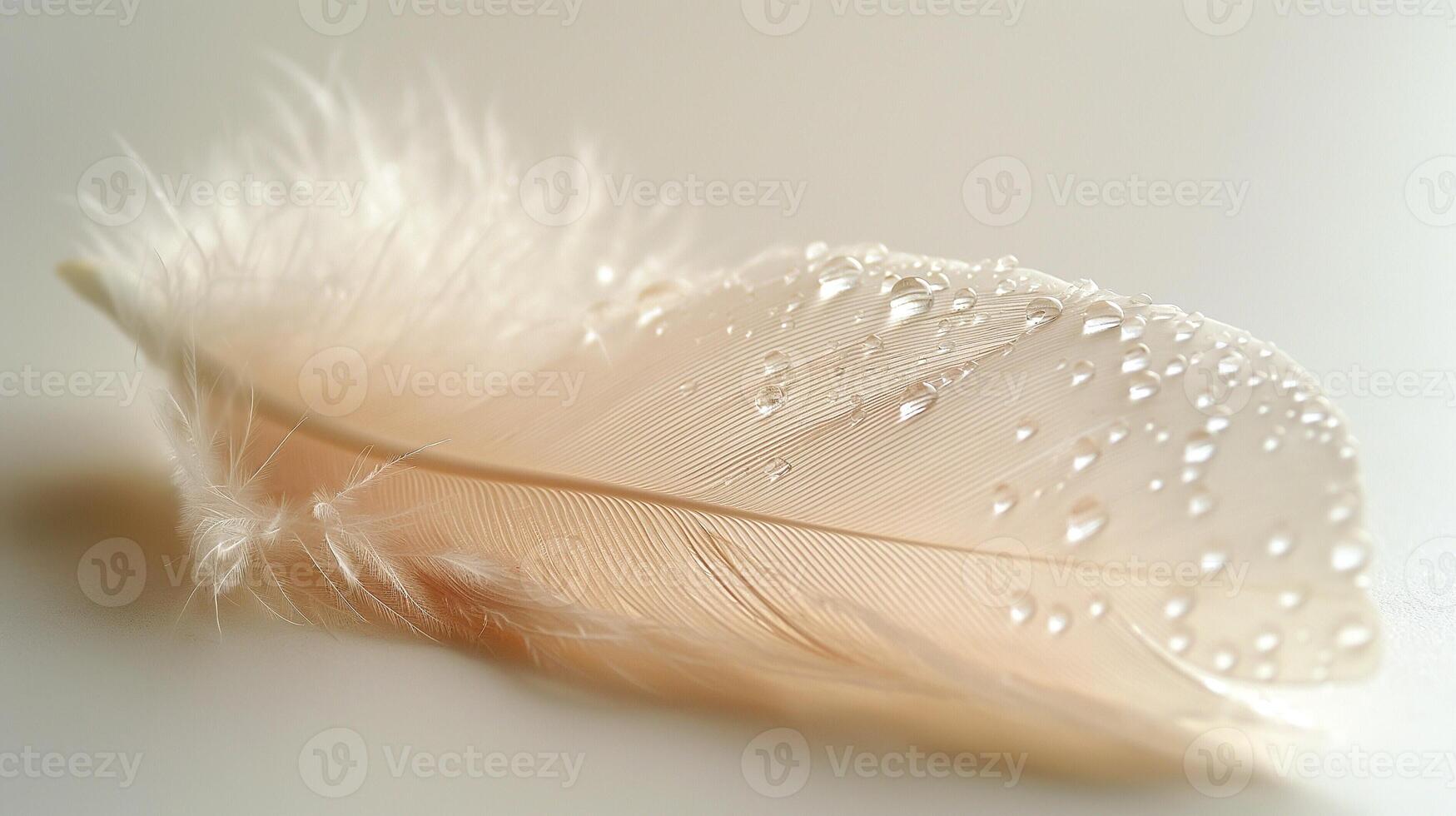 A delicate white feather adorned with droplets, showcasing intricate details and a serene aesthetic. photo