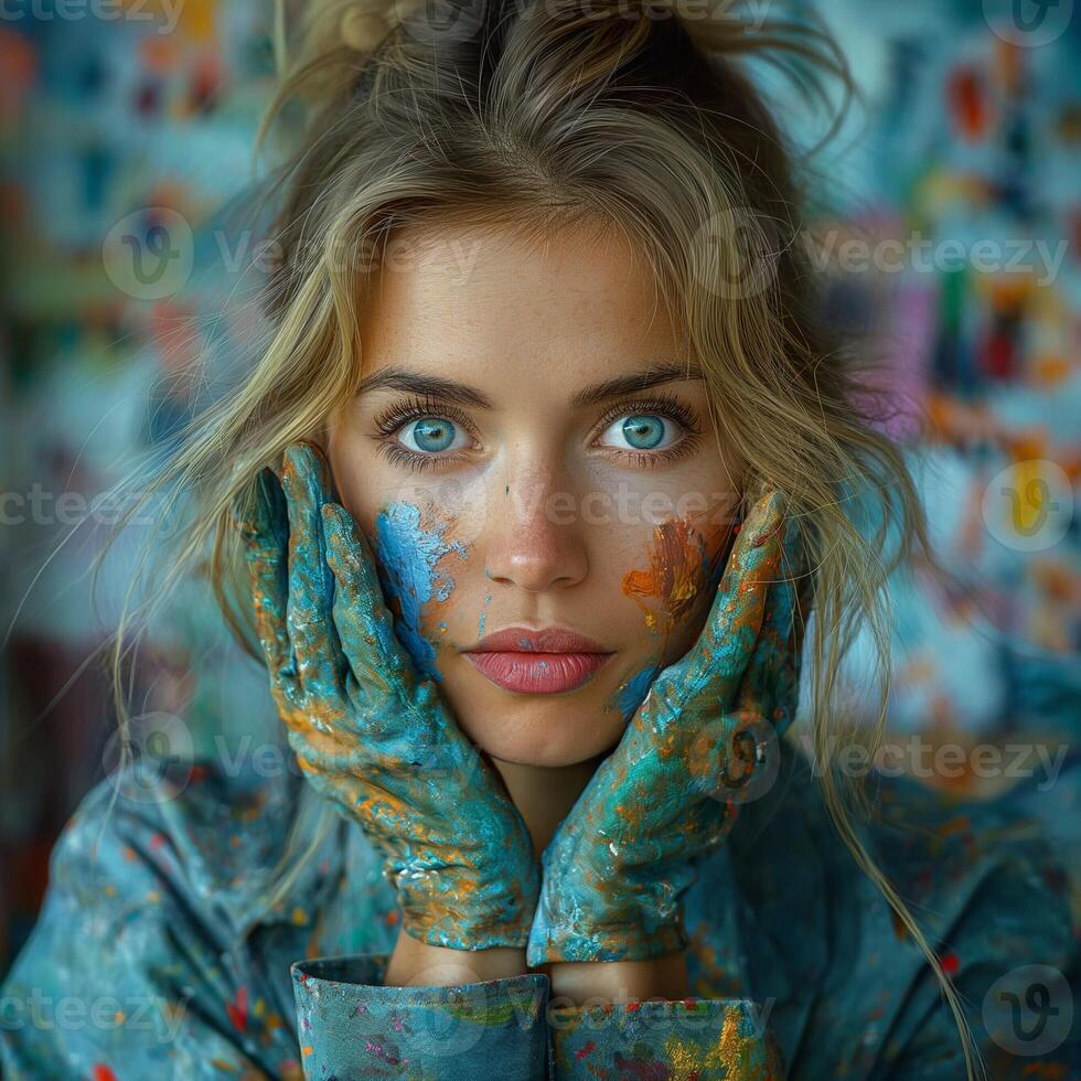 A young Caucasian woman with striking blue eyes holds her paint-covered hands to her face, conveying artistic expression and creativity. photo