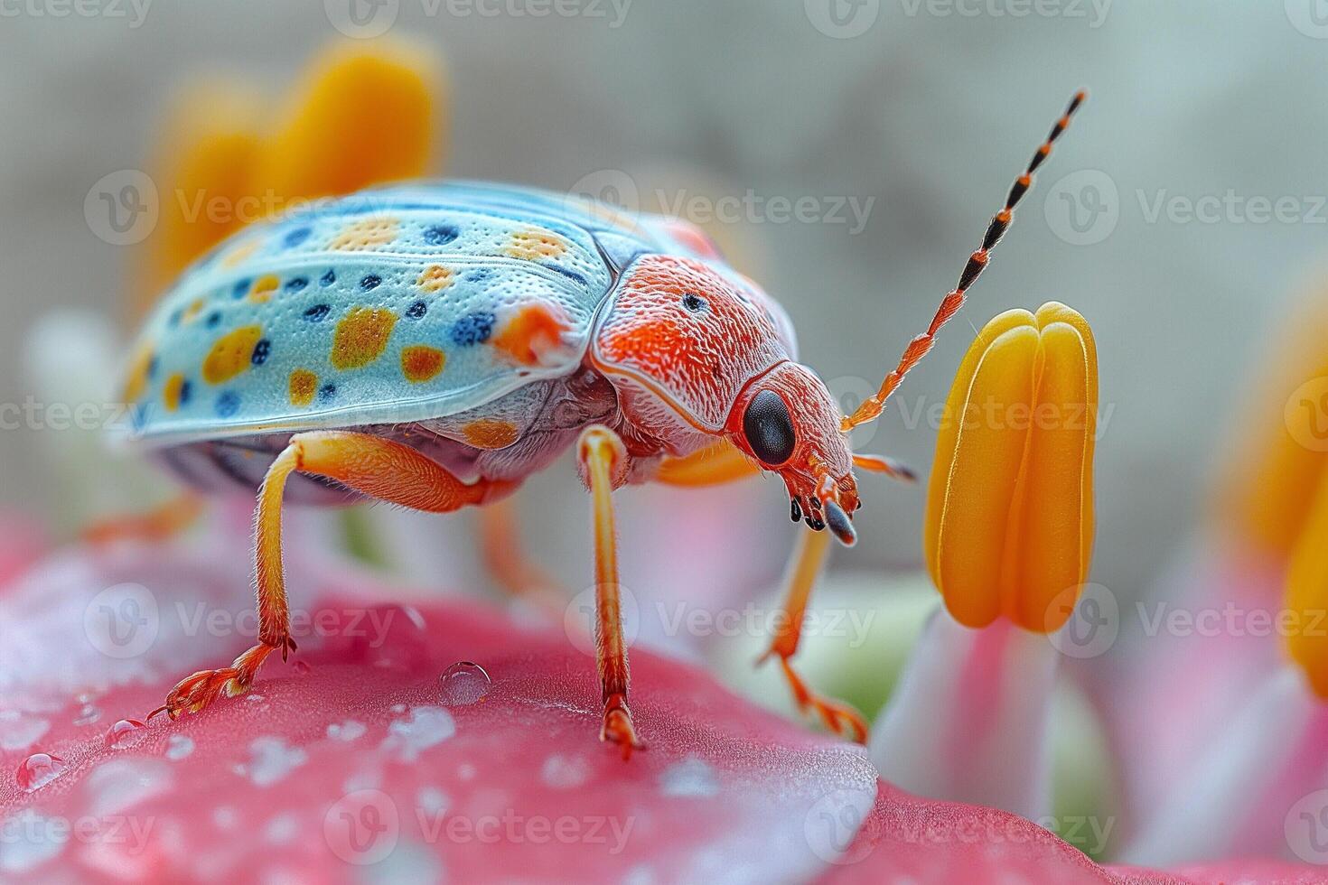 A vibrant macro shot of a colorful beetle perched on a pink flower, showcasing intricate patterns and vivid colors. photo