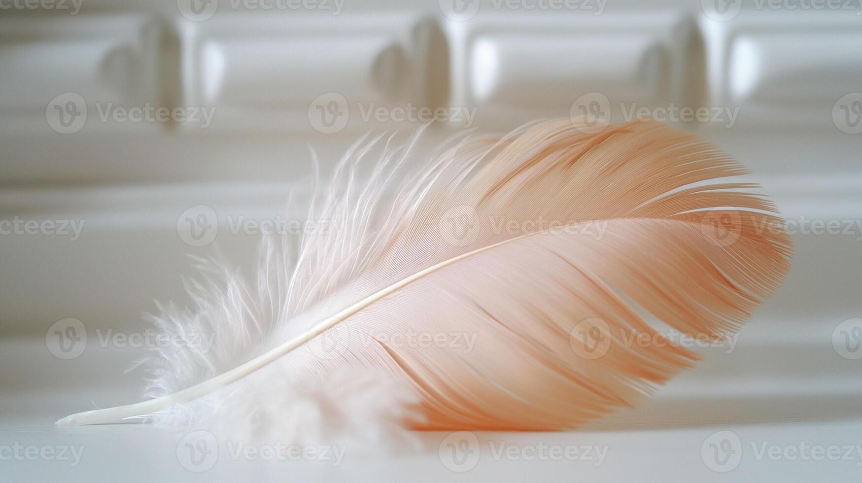 A delicate pink feather resting elegantly against a soft white background, showcasing its intricate details and soft textures. photo