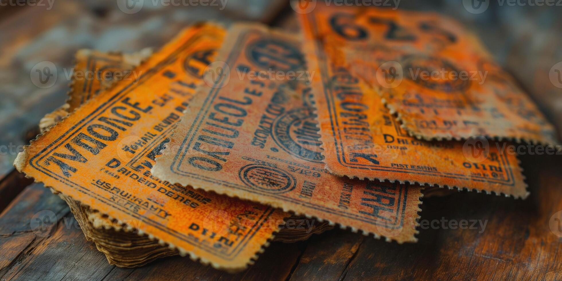 A collection of vintage, aged orange tickets stacked on a rustic wooden surface. photo