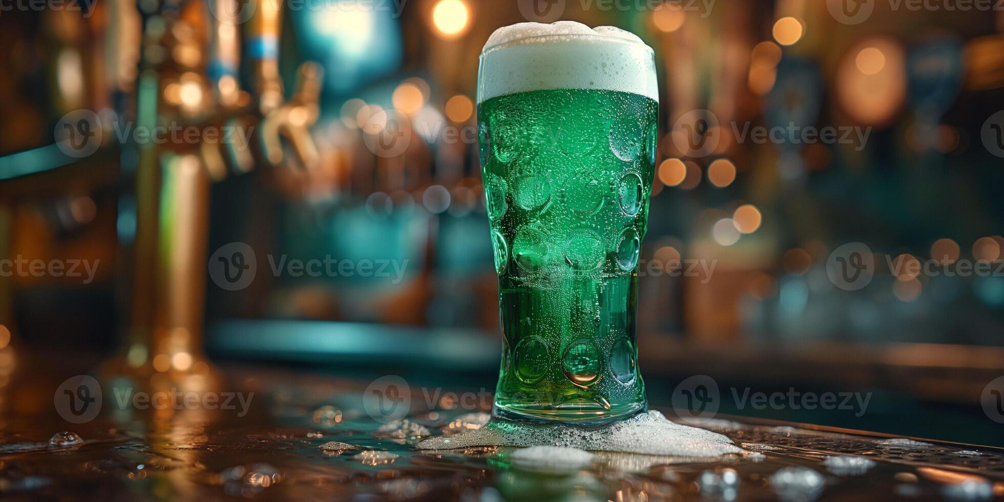 A refreshing glass of green beer with a frothy head, sitting on a bar top, capturing the festive spirit. photo