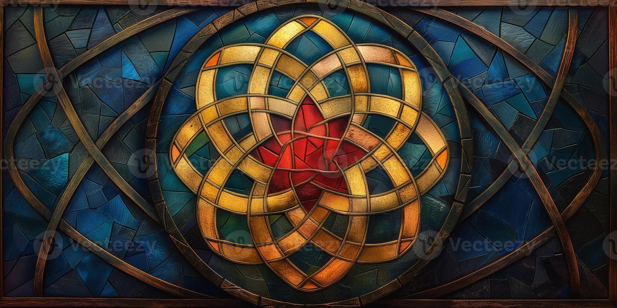 Intricate stained glass artwork featuring a vibrant red centerpiece surrounded by golden intertwining patterns. photo