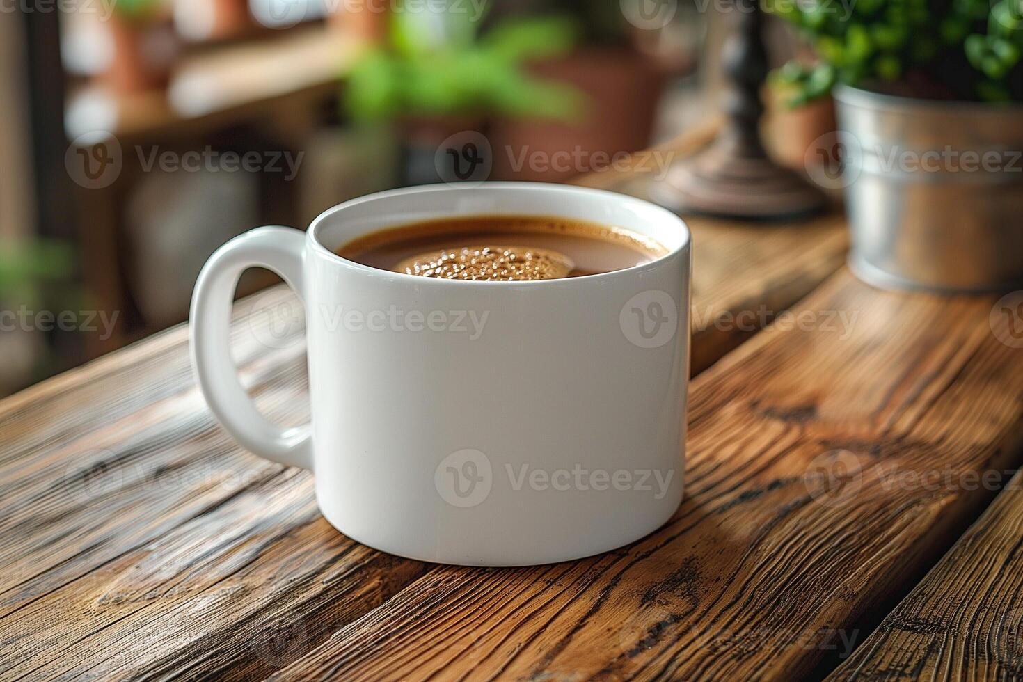 A steaming cup of coffee rests on a rustic wooden table, inviting relaxation and warm moments. photo
