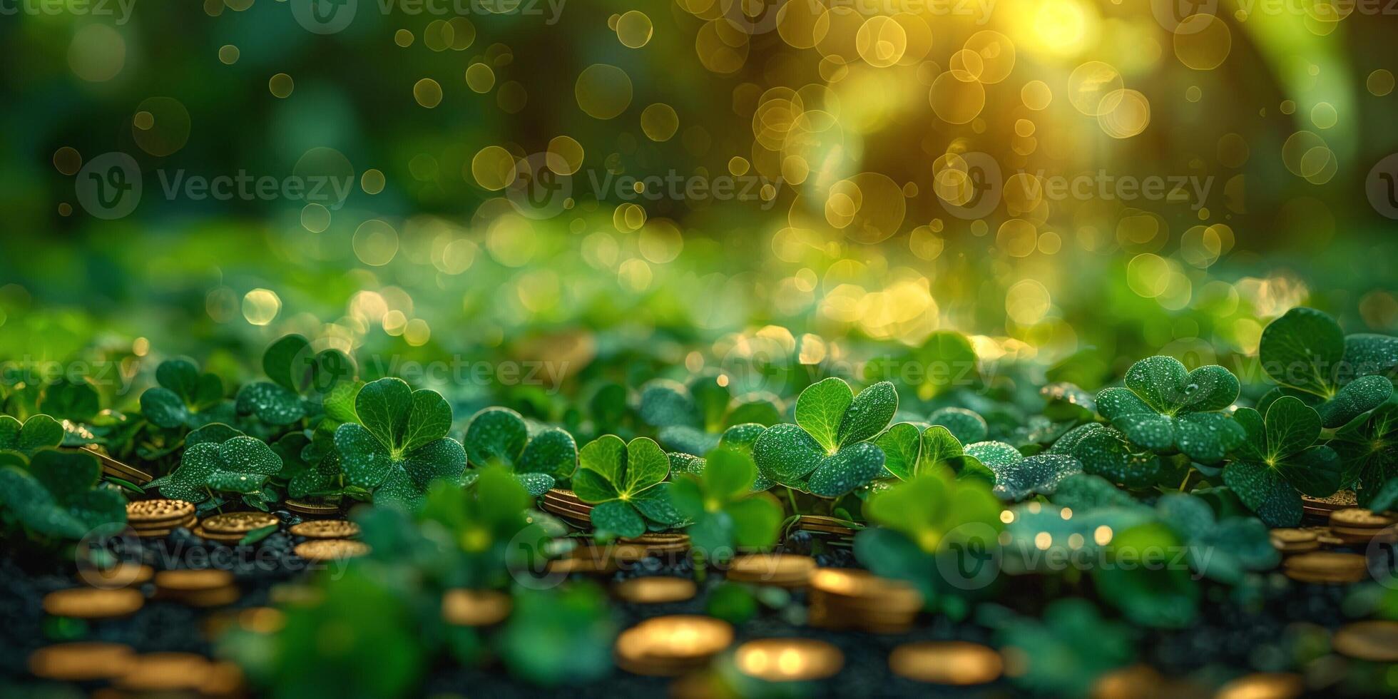 A shimmering scene of lush green clovers adorned with dew, surrounded by golden coins under soft sunlight. photo