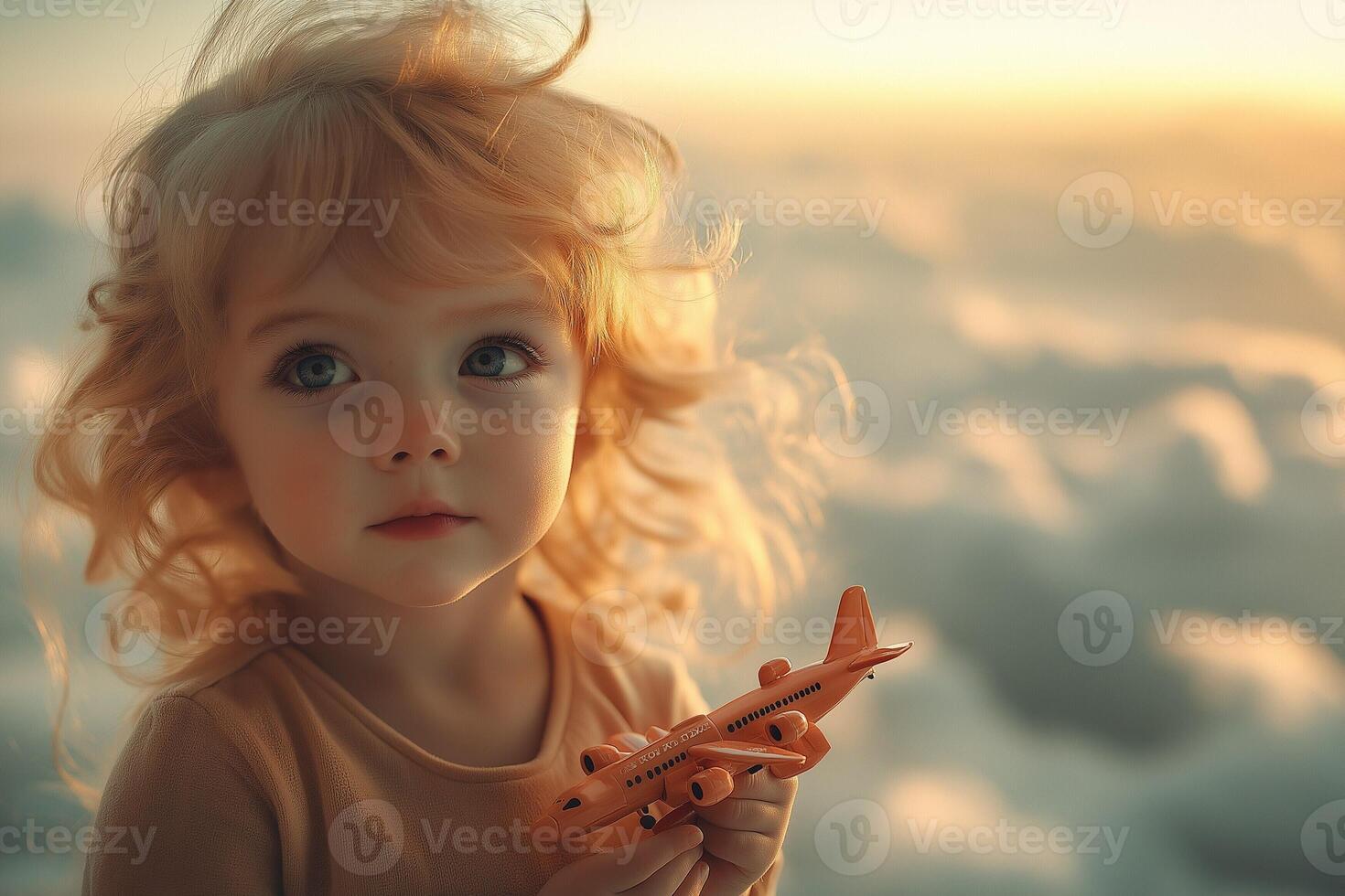 A young Caucasian girl with curly blonde hair holds a toy airplane, gazing thoughtfully at the horizon among soft, dreamy clouds. photo