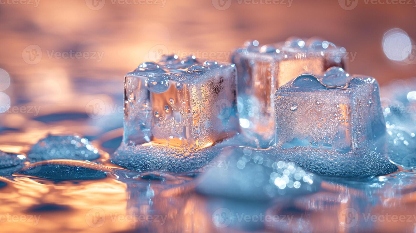 Three clear ice cubes resting in shallow water with intricate bubbles, reflecting warm ambient light. photo