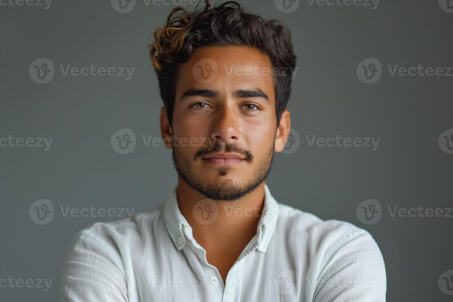 A confident young Hispanic man with curly hair poses with crossed arms, showcasing a calm expression against a neutral background. photo