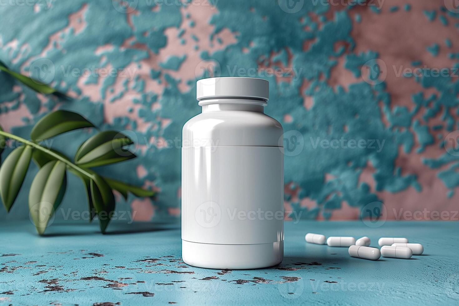 A minimalist white pill bottle with scattered capsules, set against a textured turquoise and pink background, evoking a calm atmosphere. photo