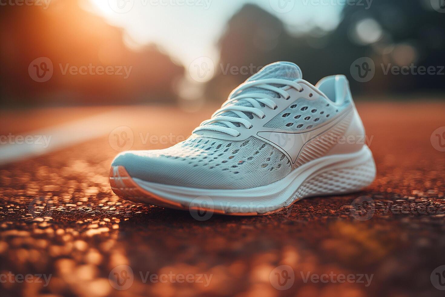 Close-up of a white athletic shoe on a track during sunset, showcasing its sleek design and breathability. photo