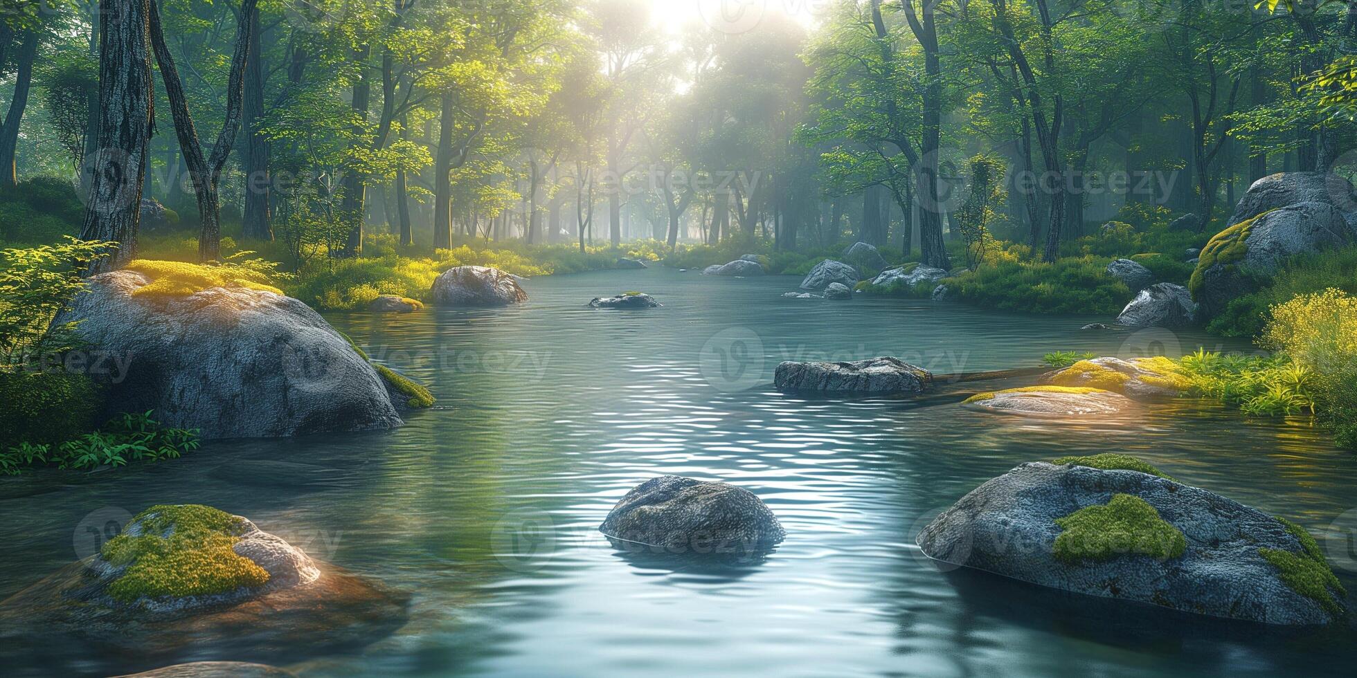 A serene river scene with sunlight filtering through lush green trees, reflecting off calm water and highlighting smooth stones. photo