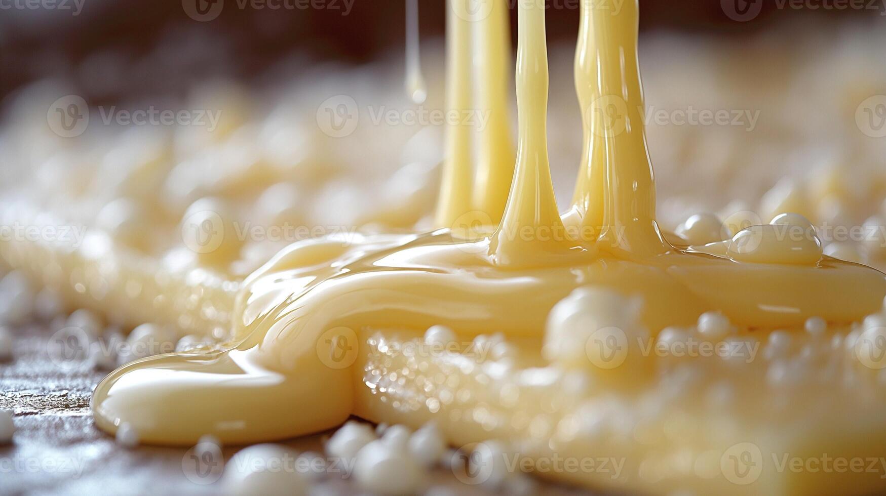 Close-up of creamy, yellow sauce dripping and pooling over a textured surface. photo