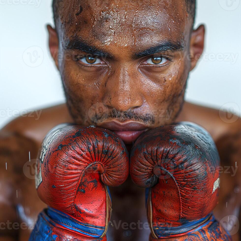 A determined African American male boxer with sweat on his face, holding worn boxing gloves close to his chin. photo