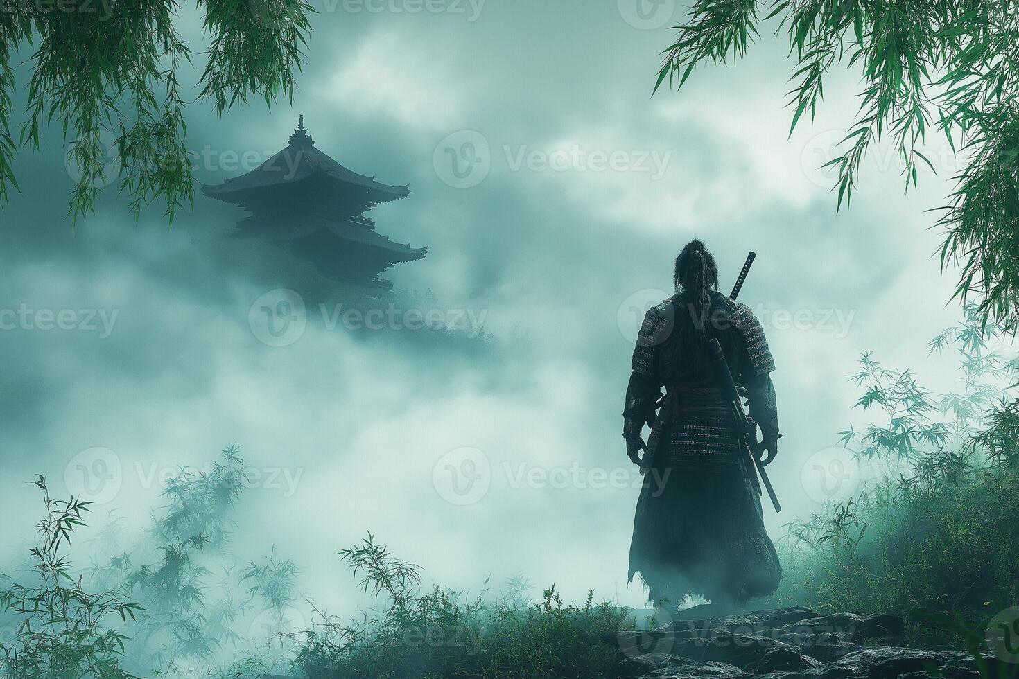 A lone male samurai stands in a misty landscape, gazing at an ancient temple in the distance, evoking a sense of mystery and bravery. photo